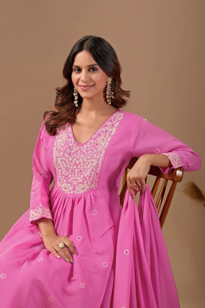 Amrah Wholesale Md 108 Mul Chanderi Embroidered Kurti Pant Dupatta Set - Amrah Wholesale