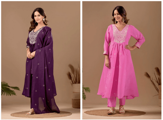 Amrah Wholesale Md 108 Mul Chanderi Embroidered Kurti Pant Dupatta Set - Amrah Wholesale