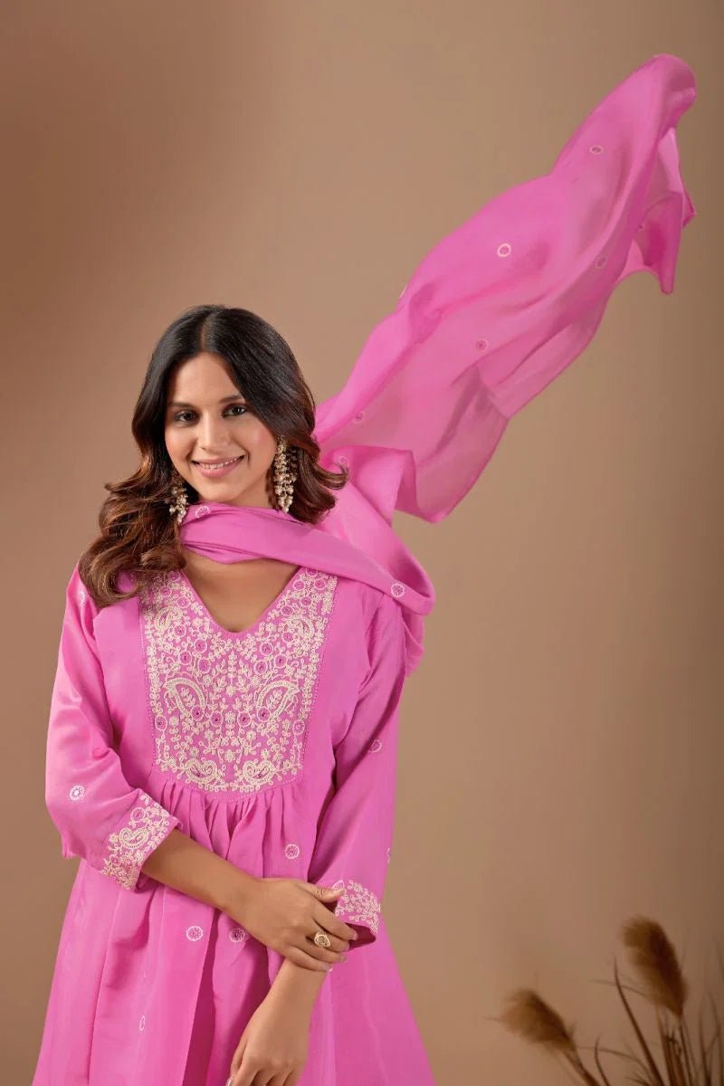 Amrah Wholesale Md 108 Mul Chanderi Embroidered Kurti Pant Dupatta Set - Amrah Wholesale