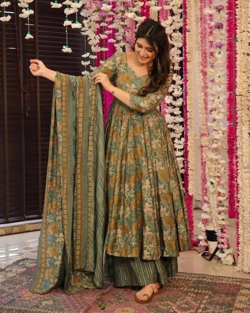 Amrah Wholesale Md 1114 Rayon Slub Foil Printed Anarkali Kurti Pant Dupatta Set - Amrah Wholesale