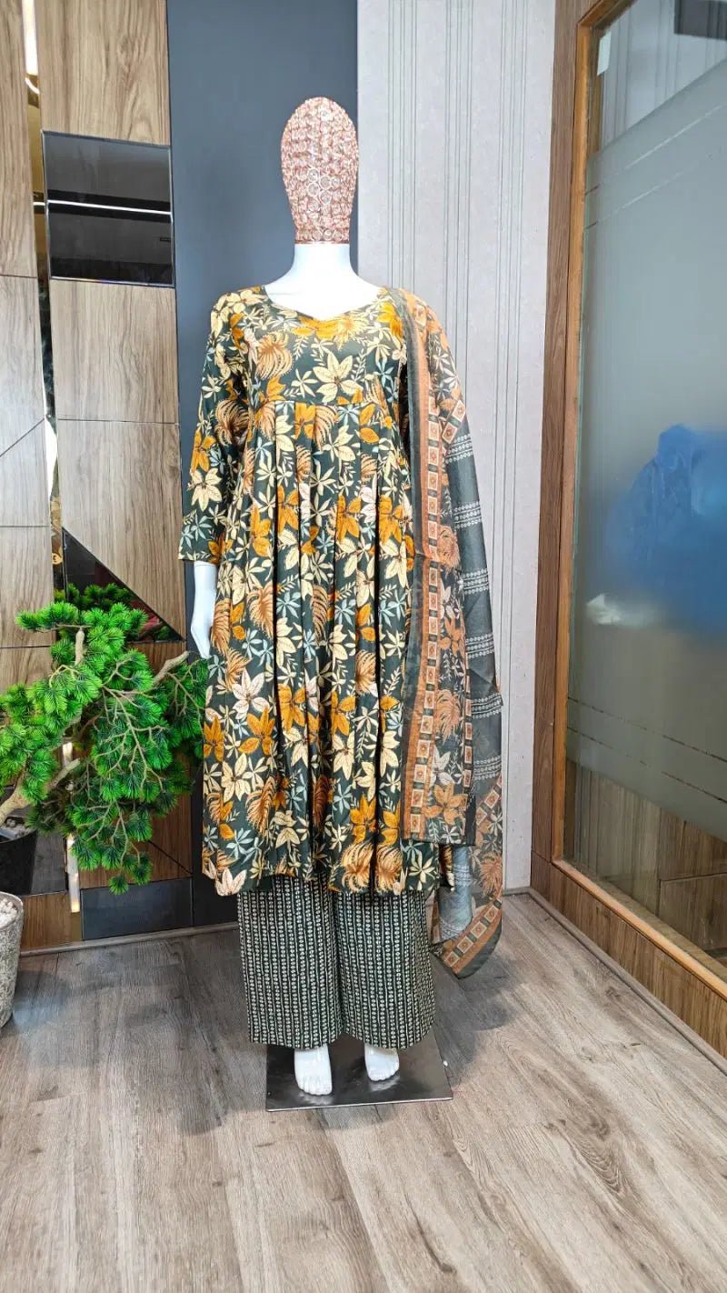 Amrah Wholesale Md 1114 Rayon Slub Foil Printed Anarkali Kurti Pant Dupatta Set - Amrah Wholesale