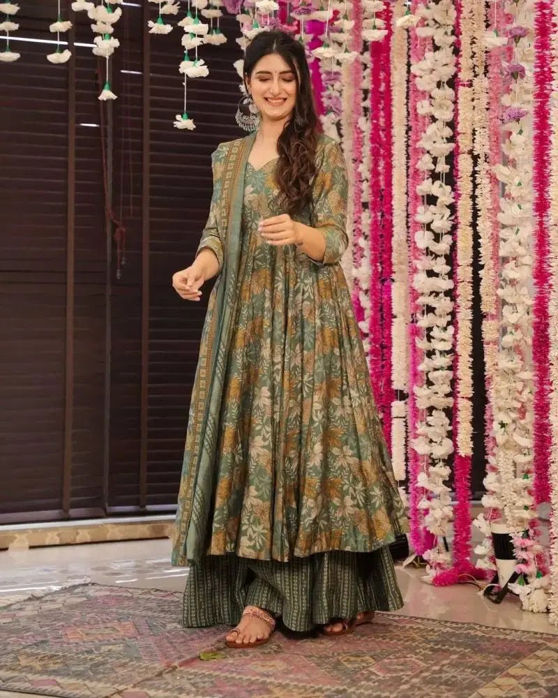 Amrah Wholesale Md 1114 Rayon Slub Foil Printed Anarkali Kurti Pant Dupatta Set - Amrah Wholesale