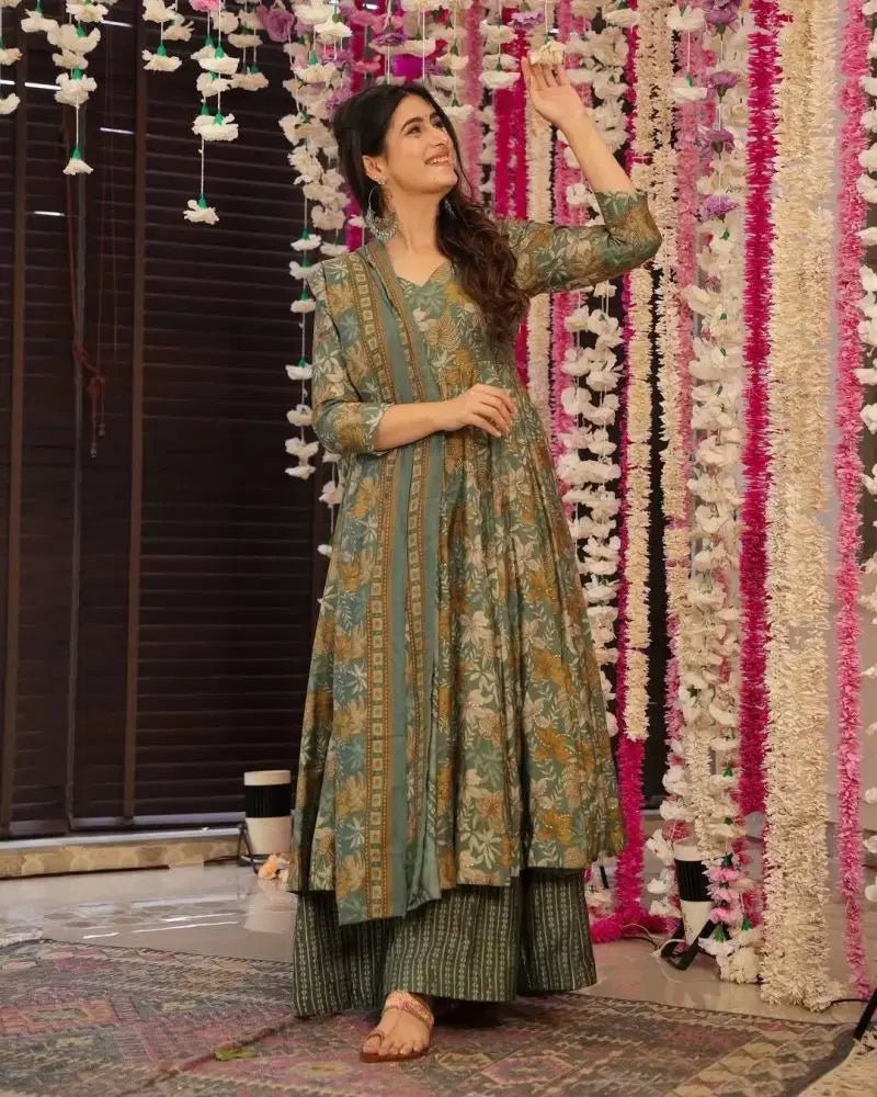 Amrah Wholesale Md 1114 Rayon Slub Foil Printed Anarkali Kurti Pant Dupatta Set - Amrah Wholesale