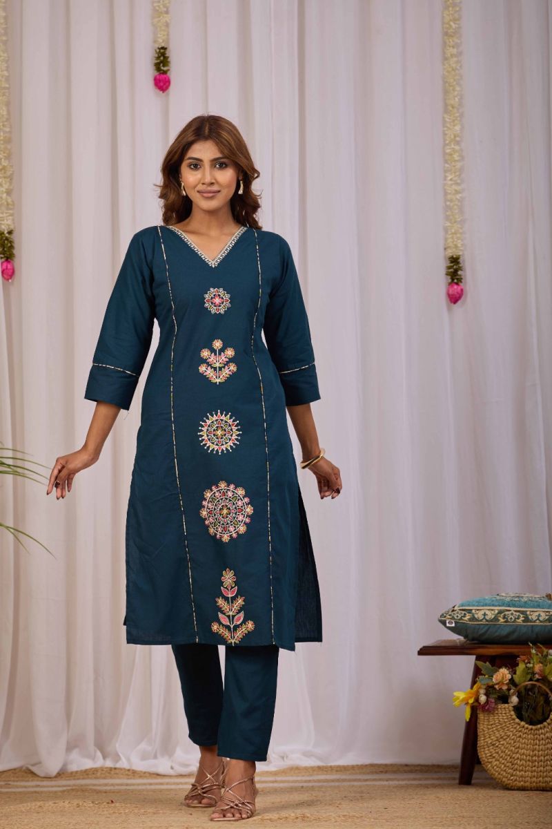 Amrah Wholesale Md Mahi 27 Dhabu Cotton Embroidered Kurti Pant Set - Amrah Wholesale