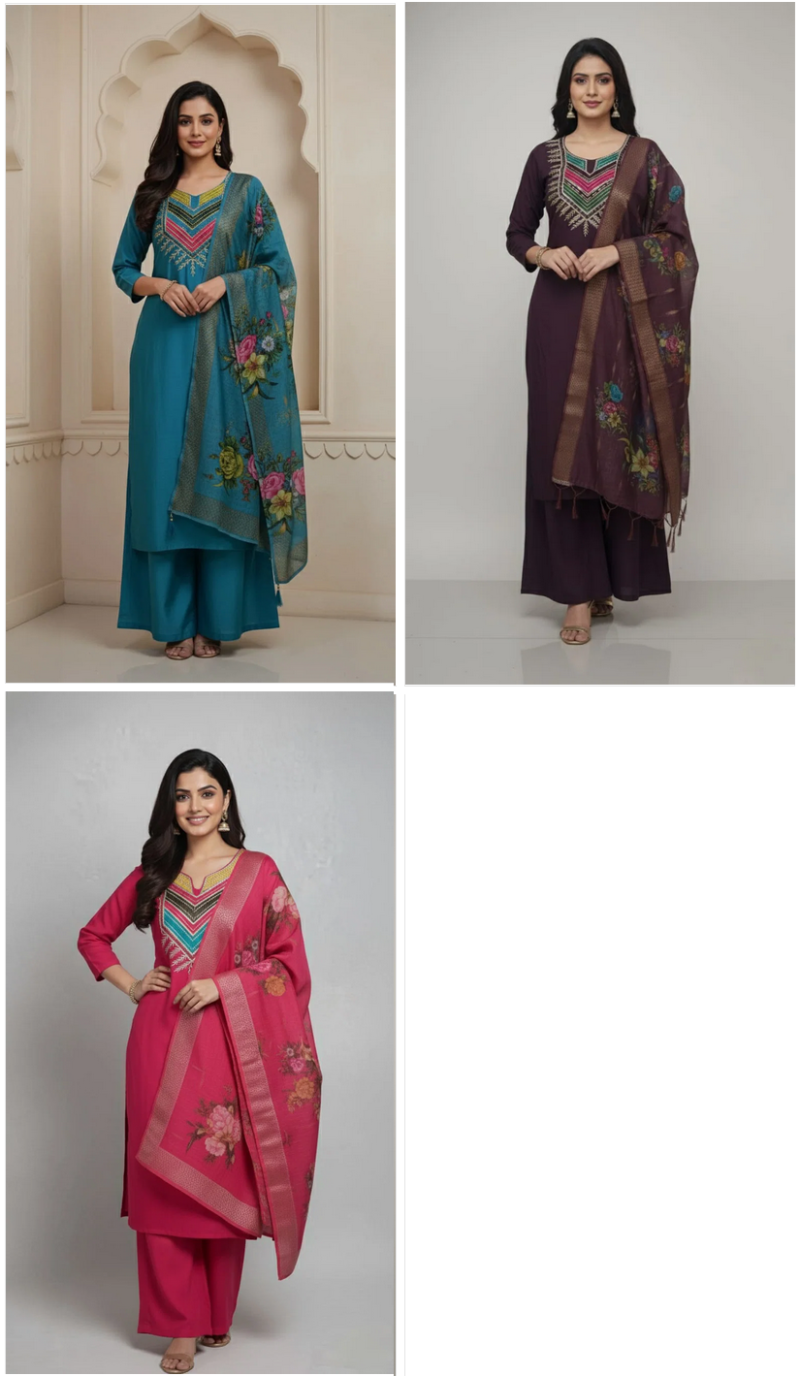 Amrah Wholesale Md Mahi 5 Roman Silk Kurti Pant Dupatta Set