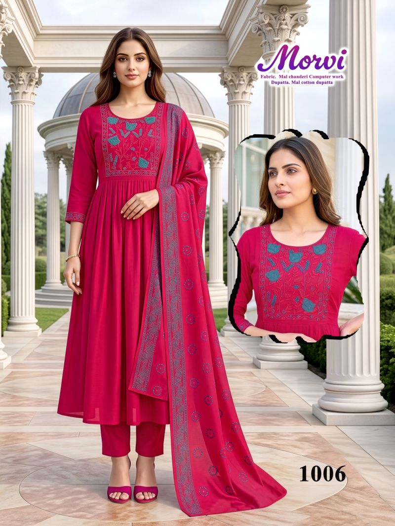 Amrah Wholesale Morvi D No 1001 To 06 Mul Chanderi Kurti Pant Dupatta Set