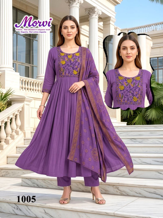 Amrah Wholesale Morvi D No 1001 To 06 Mul Chanderi Kurti Pant Dupatta Set