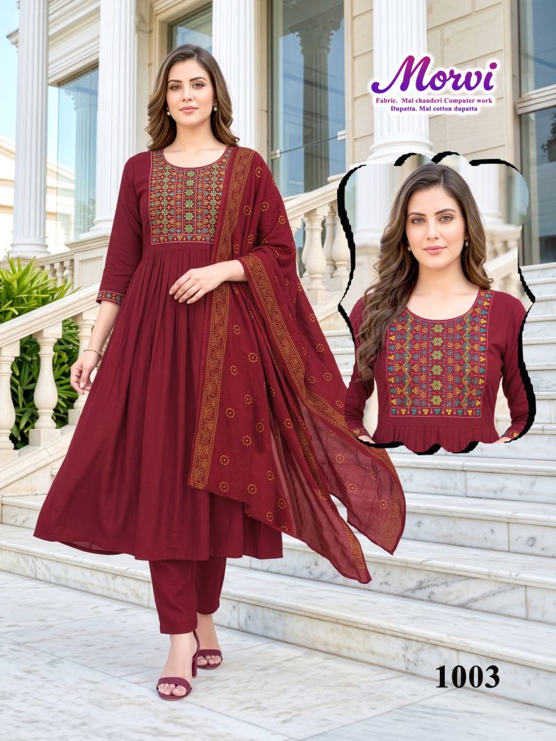 Amrah Wholesale Morvi D No 1001 To 06 Mul Chanderi Kurti Pant Dupatta Set