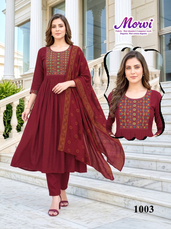 Amrah Wholesale Morvi D No 1001 To 06 Mul Chanderi Kurti Pant Dupatta Set