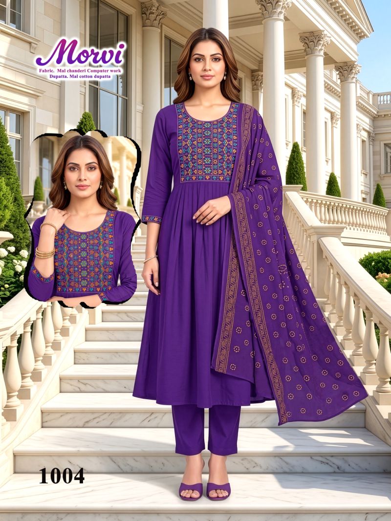 Amrah Wholesale Morvi D No 1001 To 06 Mul Chanderi Kurti Pant Dupatta Set