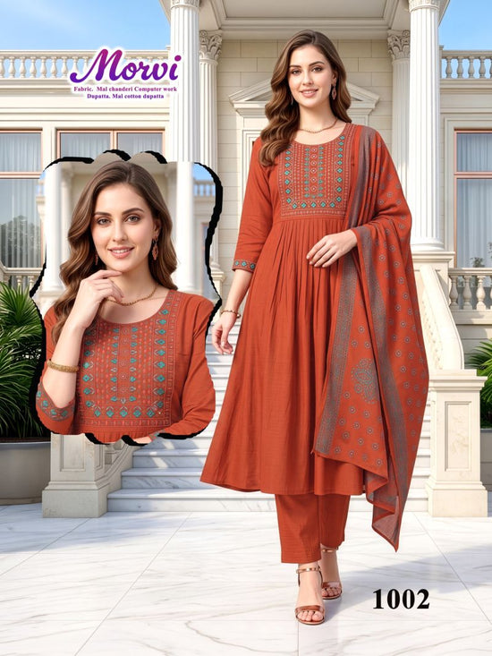 Amrah Wholesale Morvi D No 1001 To 06 Mul Chanderi Kurti Pant Dupatta Set