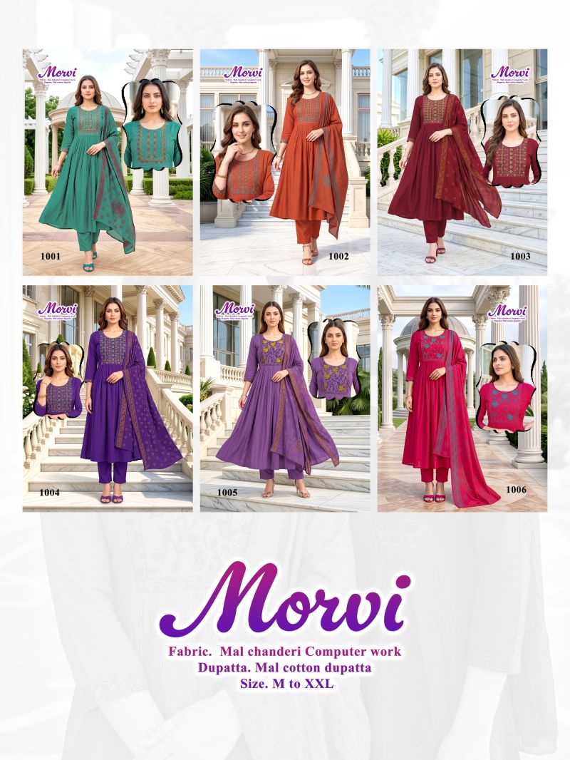 Amrah Wholesale Morvi D No 1001 To 06 Mul Chanderi Kurti Pant Dupatta Set
