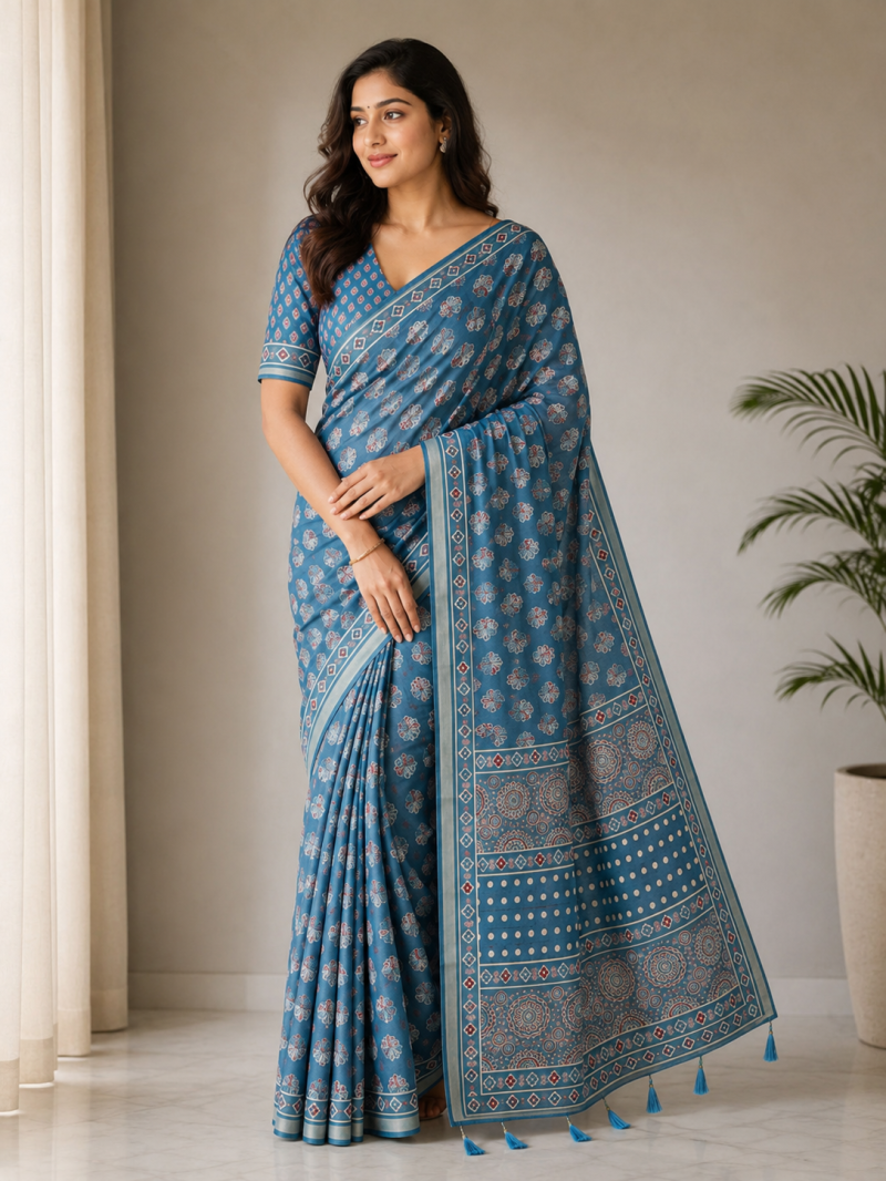 Amrah Wholesale Mv Vis 36 Cotton Ajrakh Printed Saree