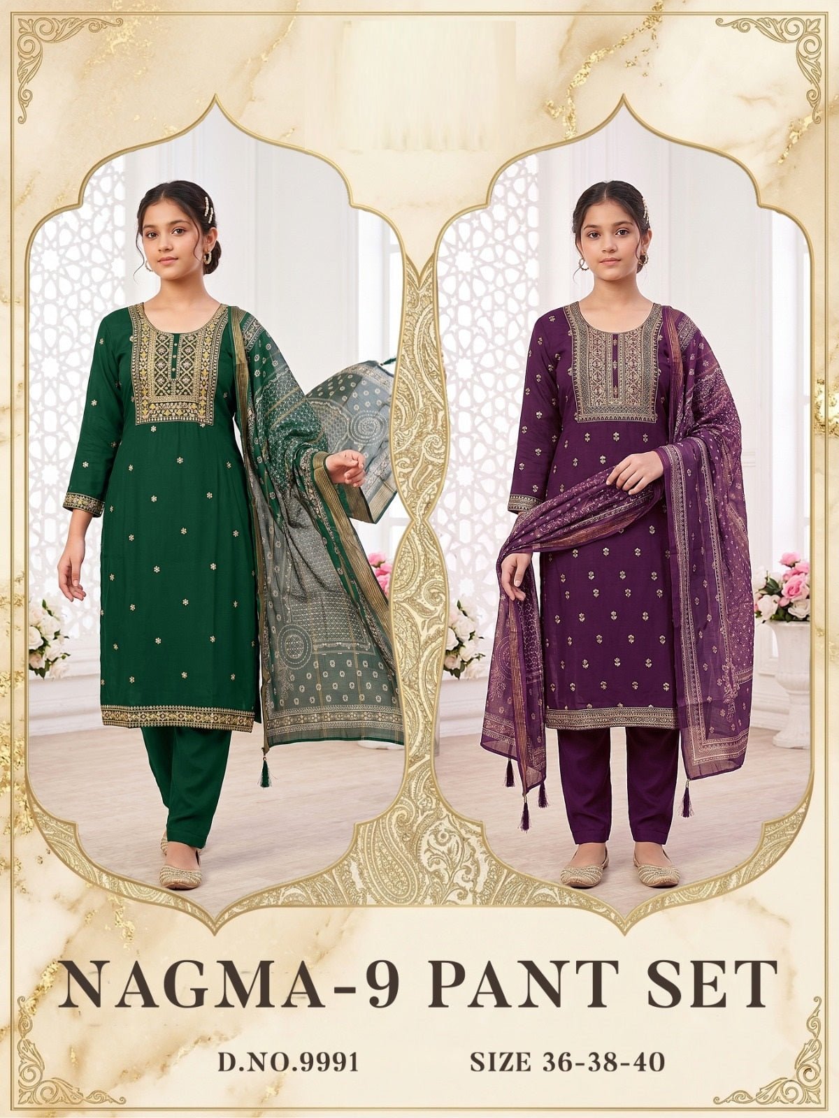 Amrah Wholesale Nagma 9990 And 9991 Roman Silk Embroidered Kurti Pant Dupatta Set - Amrah Wholesale