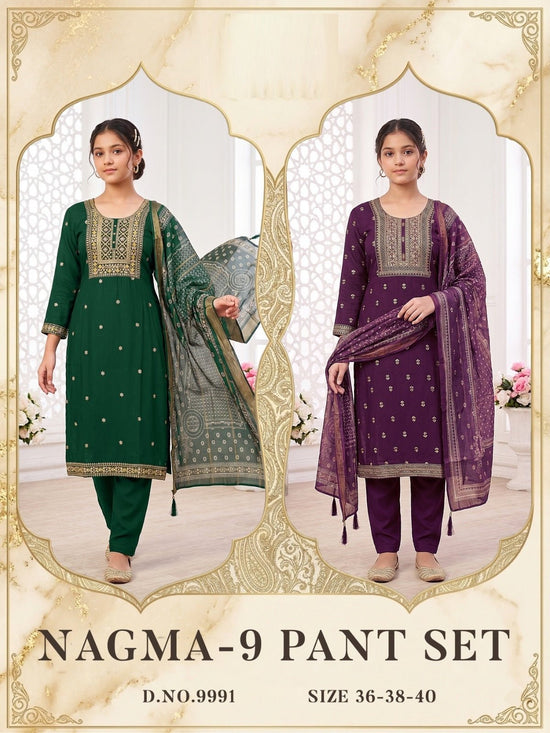 Amrah Wholesale Nagma 9990 And 9991 Roman Silk Embroidered Kurti Pant Dupatta Set - Amrah Wholesale