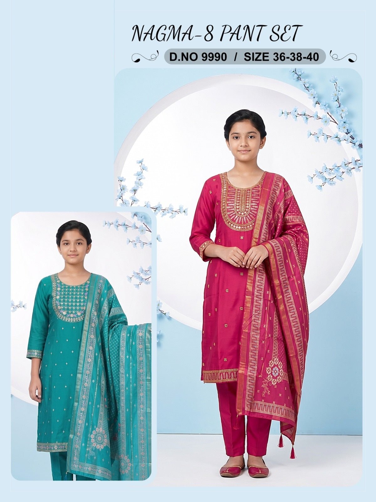 Amrah Wholesale Nagma 9990 And 9991 Roman Silk Embroidered Kurti Pant Dupatta Set - Amrah Wholesale