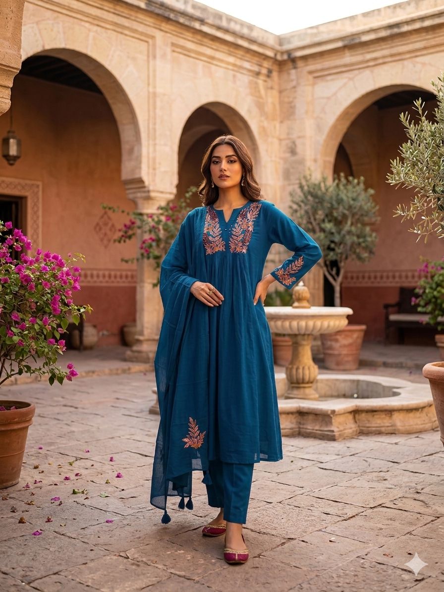Amrah Wholesale Naisha K 1002 Mul Cotton A-Line Kurti Pant Dupatta Set