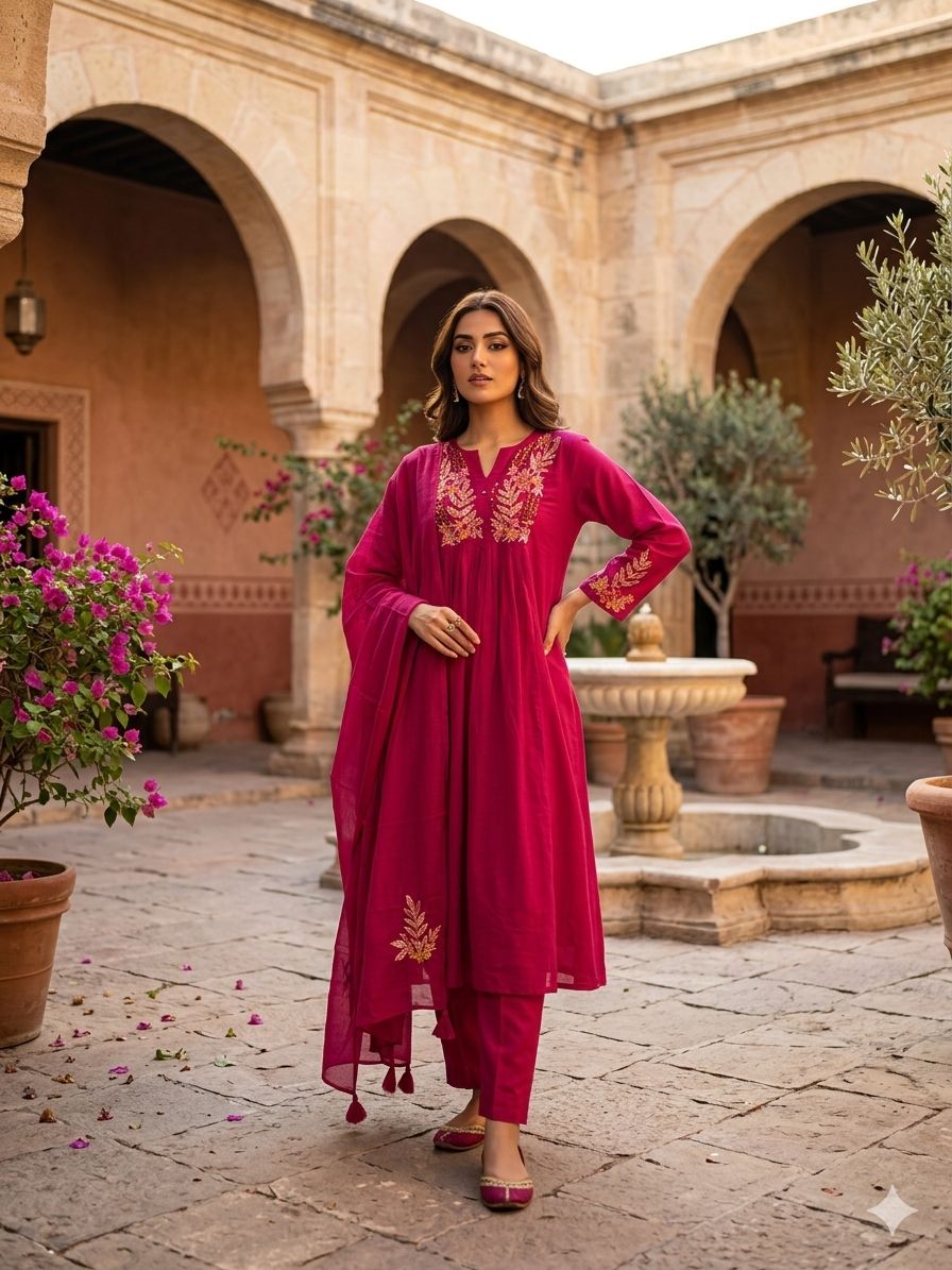 Amrah Wholesale Naisha K 1002 Mul Cotton A-Line Kurti Pant Dupatta Set