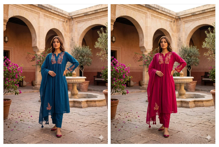 Amrah Wholesale Naisha K 1002 Mul Cotton A-Line Kurti Pant Dupatta Set