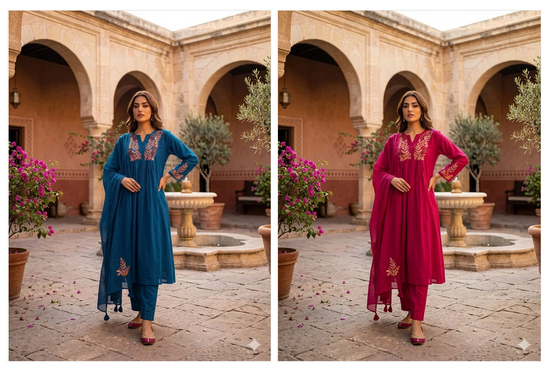 Amrah Wholesale Naisha K 1002 Mul Cotton A-Line Kurti Pant Dupatta Set