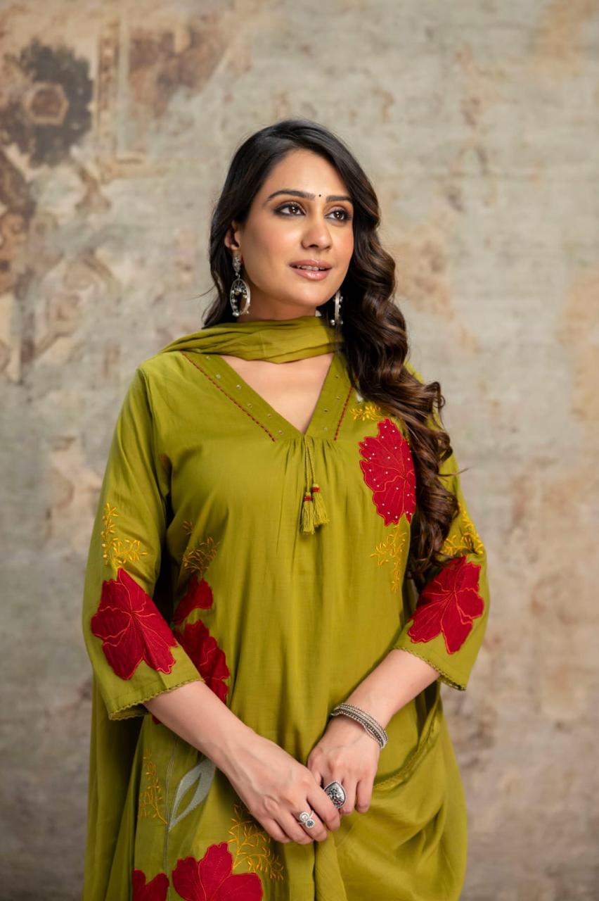 Amrah Wholesale Naisha K 1056 Mul Mul Cotton Embroidered A-Line Kurti Pant Dupatta Set - Amrah Wholesale