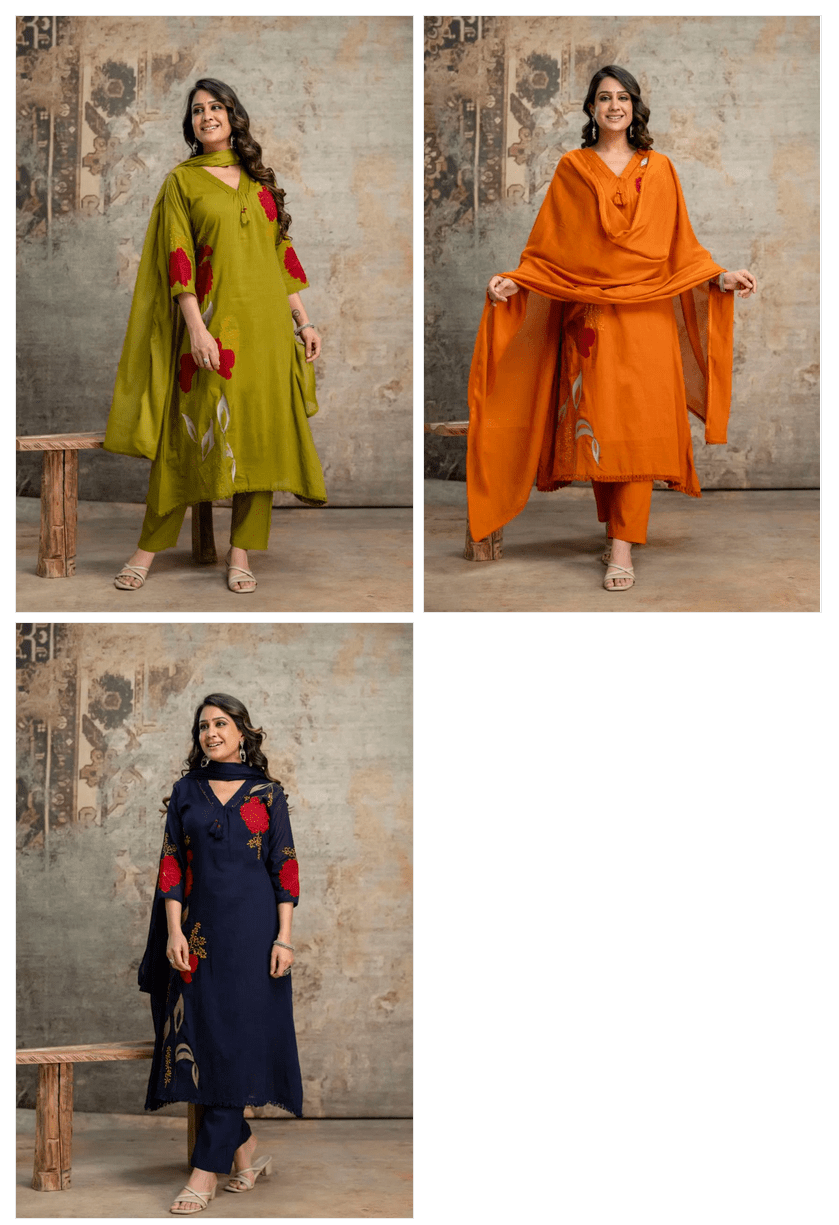 Amrah Wholesale Naisha K 1056 Mul Mul Cotton Embroidered A-Line Kurti Pant Dupatta Set - Amrah Wholesale