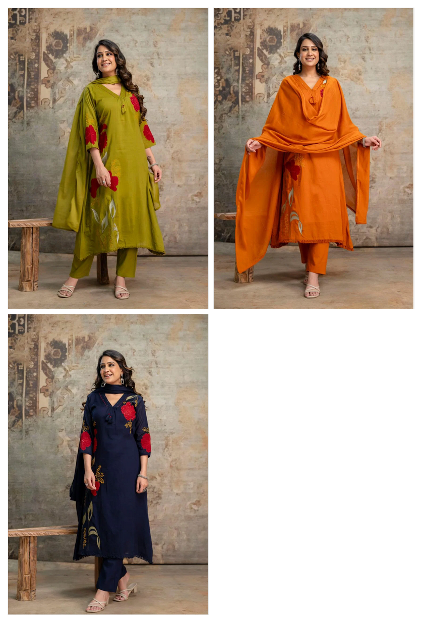 Amrah Wholesale Naisha K 1056 Mul Mul Cotton Embroidered A-Line Kurti Pant Dupatta Set