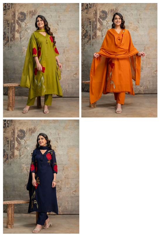 Amrah Wholesale Naisha K 1056 Mul Mul Cotton Embroidered A-Line Kurti Pant Dupatta Set