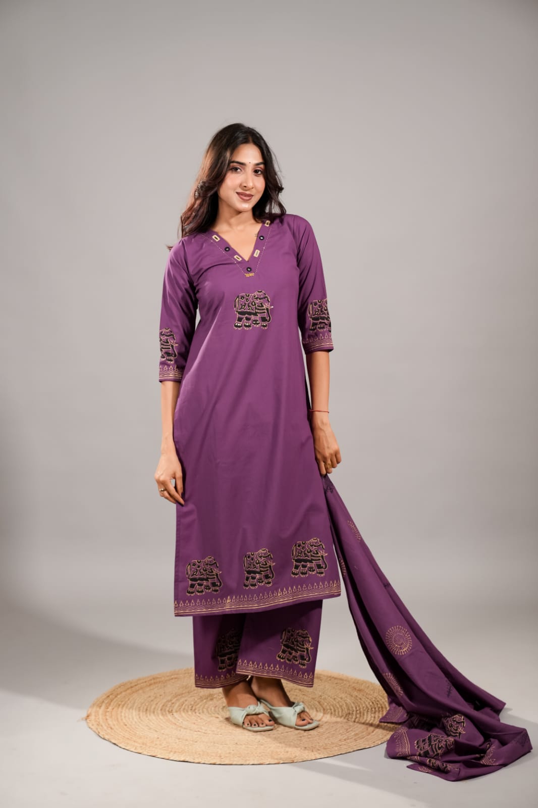Amrah Wholesale Naisha K 1061 Dhabu Cotton Embroidered Kurti Pant Dupatta Set - Amrah Wholesale