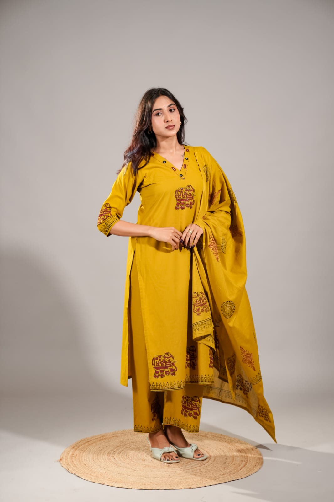 Amrah Wholesale Naisha K 1061 Dhabu Cotton Embroidered Kurti Pant Dupatta Set - Amrah Wholesale