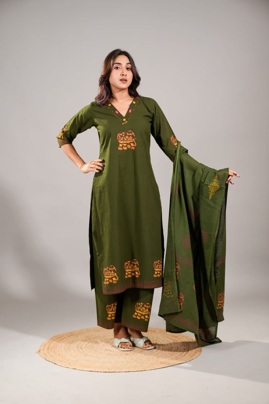 Amrah Wholesale Naisha K 1061 Dhabu Cotton Embroidered Kurti Pant Dupatta Set - Amrah Wholesale