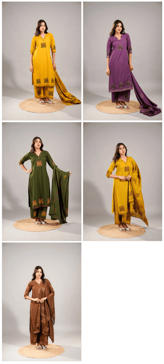 Amrah Wholesale Naisha K 1061 Dhabu Cotton Embroidered Kurti Pant Dupatta Set - Amrah Wholesale