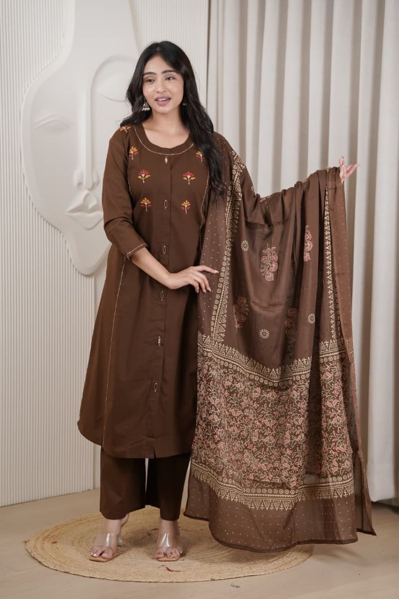 Amrah Wholesale Naisha K 1062 Cotton Dhabu Kurti Pant Dupatta Set - Amrah Wholesale