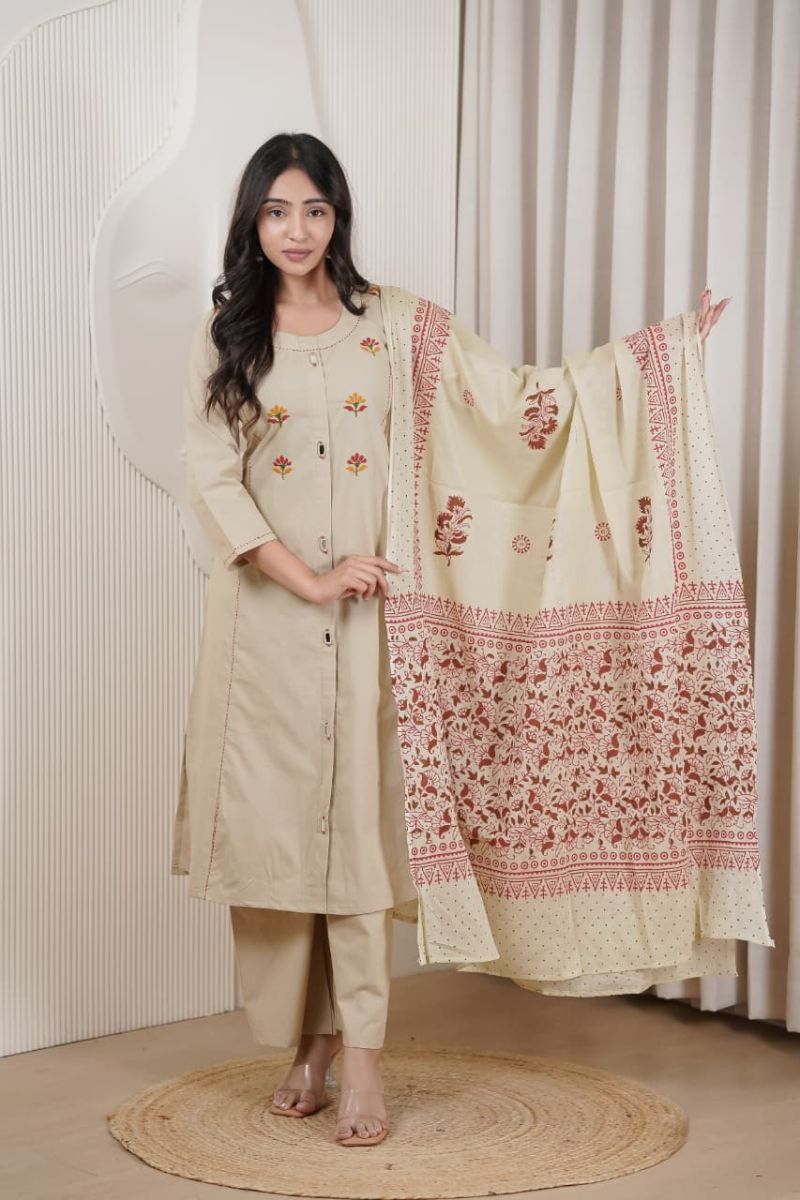 Amrah Wholesale Naisha K 1062 Cotton Dhabu Kurti Pant Dupatta Set - Amrah Wholesale