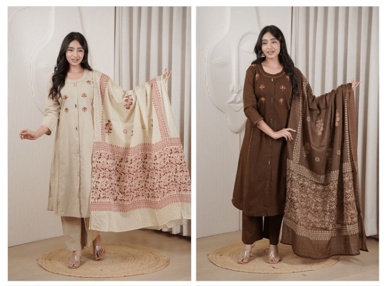 Amrah Wholesale Naisha K 1062 Cotton Dhabu Kurti Pant Dupatta Set - Amrah Wholesale