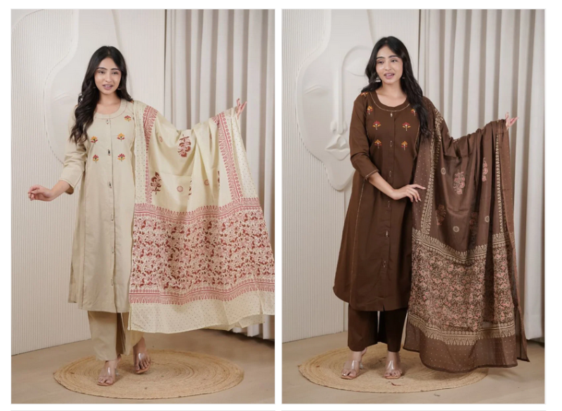 Amrah Wholesale Naisha K 1062 Cotton Dhabu Kurti Pant Dupatta Set