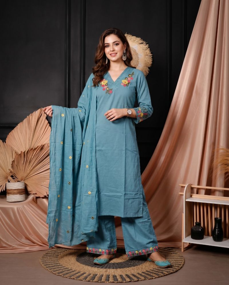 Amrah Wholesale Naisha K 1064 Cotton Kurti Pant Dupatta Set - Amrah Wholesale