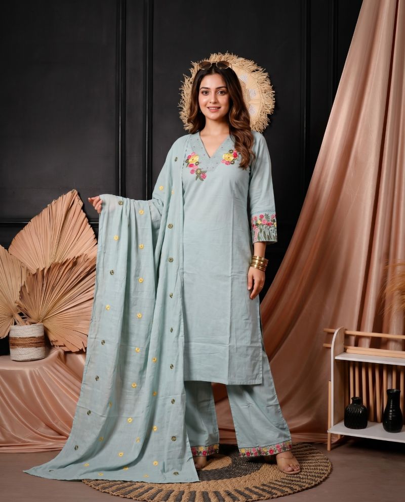 Amrah Wholesale Naisha K 1064 Cotton Kurti Pant Dupatta Set - Amrah Wholesale