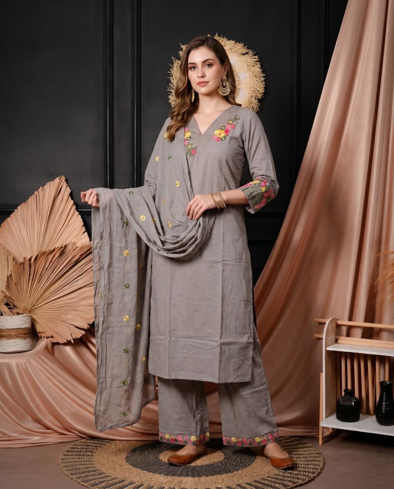 Amrah Wholesale Naisha K 1064 Cotton Kurti Pant Dupatta Set - Amrah Wholesale