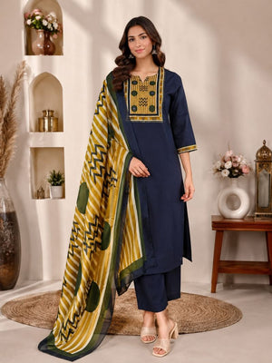 Amrah Wholesale Naisha K 1124 Dhabu Cotton Hand Work Kurti Pant Dupatta Set - Amrah Wholesale