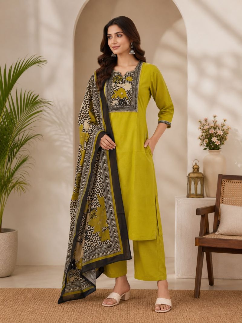 Amrah Wholesale Naisha K 1124 Dhabu Cotton Hand Work Kurti Pant Dupatta Set - Amrah Wholesale