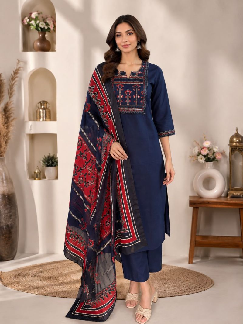 Amrah Wholesale Naisha K 1124 Dhabu Cotton Kurti Pant Dupatta Set - Amrah Wholesale
