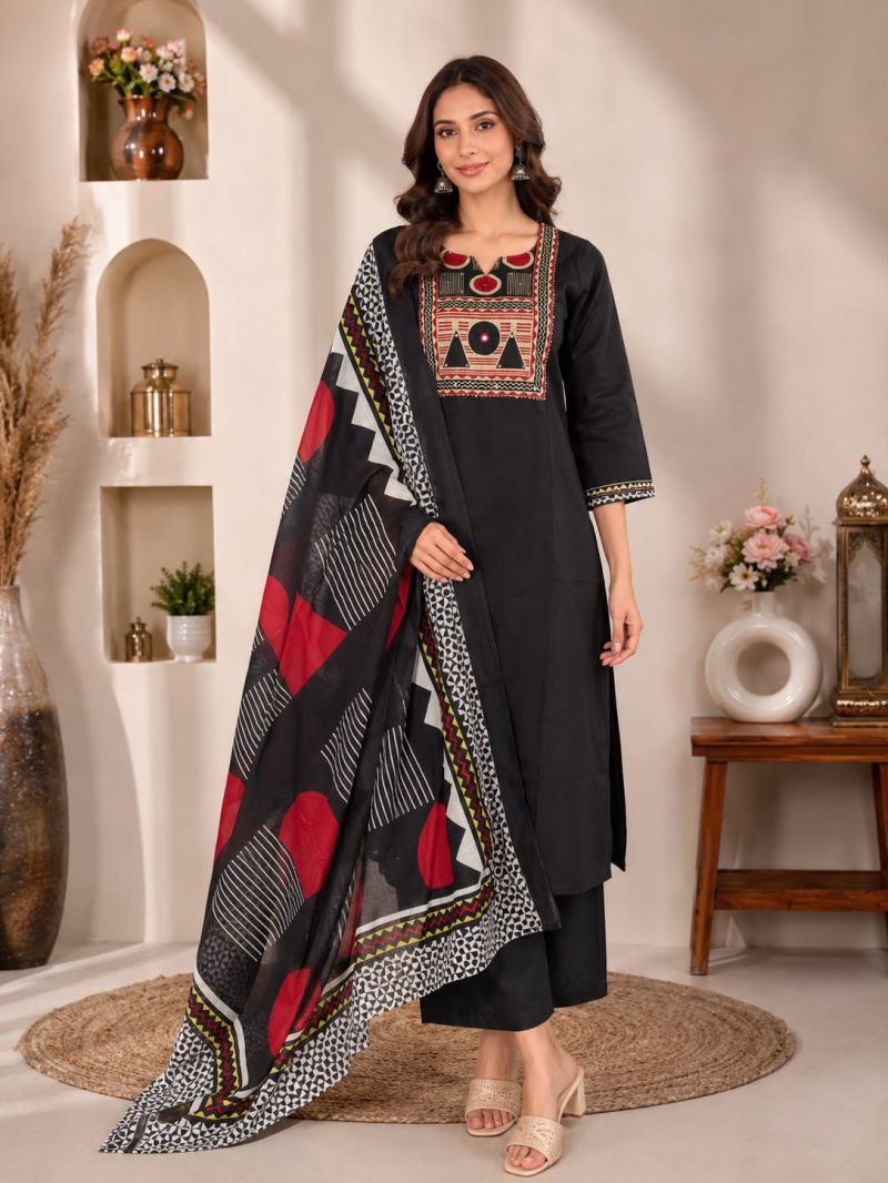 Amrah Wholesale Naisha K 1124 Dhabu Cotton Kurti Pant Dupatta Set - Amrah Wholesale