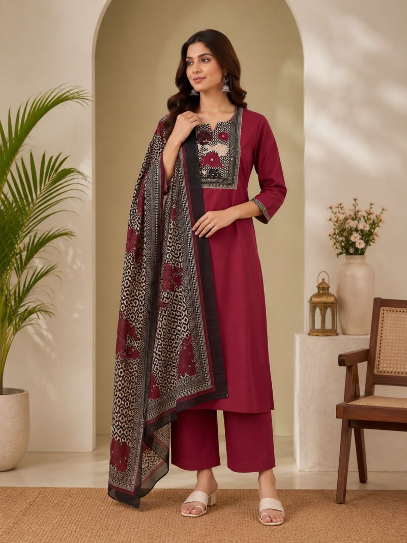 Amrah Wholesale Naisha K 1124 Dhabu Cotton Kurti Pant Dupatta Set - Amrah Wholesale