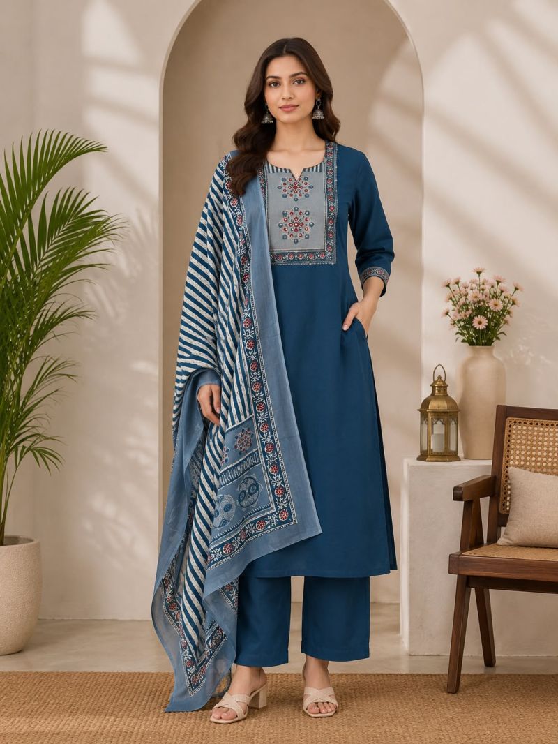 Amrah Wholesale Naisha K 1124 Dhabu Cotton Kurti Pant Dupatta Set - Amrah Wholesale