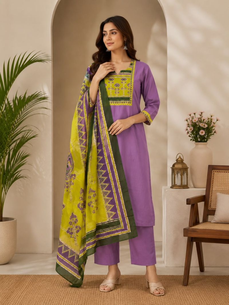 Amrah Wholesale Naisha K 1124 Dhabu Cotton Kurti Pant Dupatta Set - Amrah Wholesale