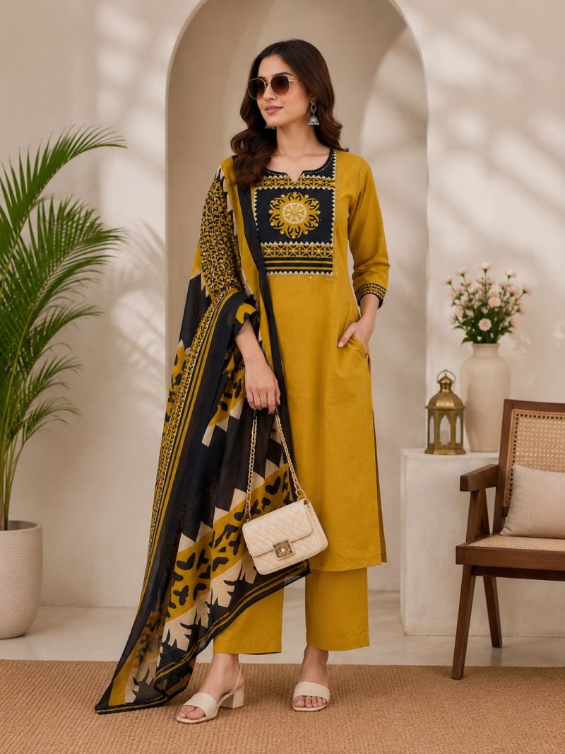 Amrah Wholesale Naisha K 1124 Dhabu Cotton Kurti Pant Dupatta Set - Amrah Wholesale