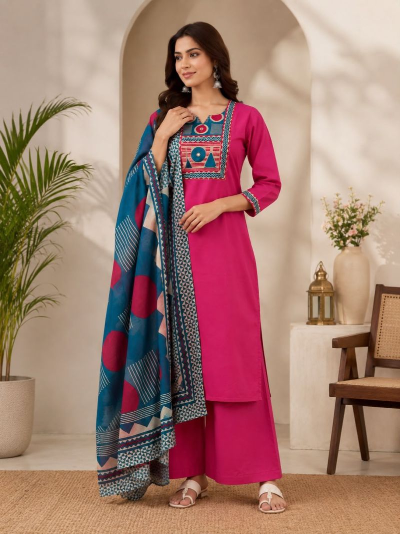 Amrah Wholesale Naisha K 1124 Dhabu Cotton Kurti Pant Dupatta Set - Amrah Wholesale