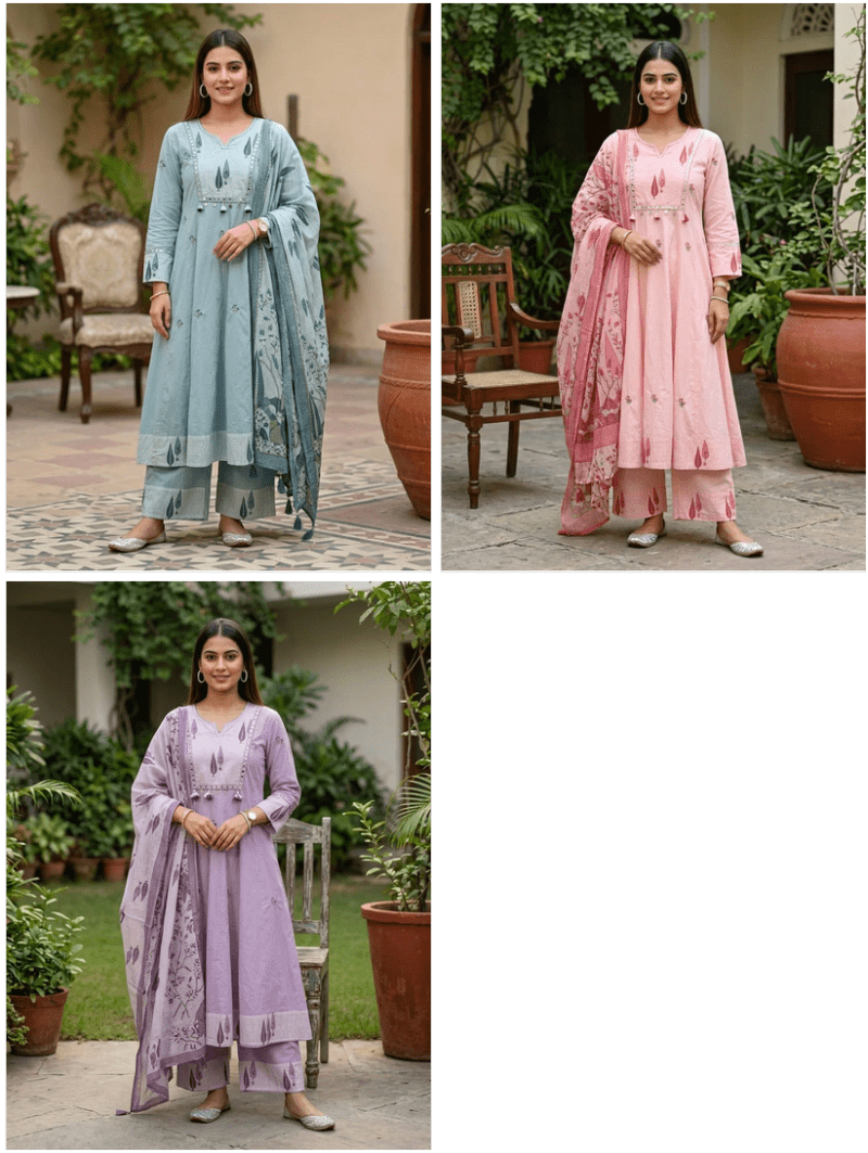 Amrah Wholesale Naisha K 1131 Mul Cotton Embroidered Kurti Pant Dupatta Set - Amrah Wholesale