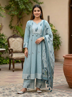 Amrah Wholesale Naisha K 1131 Mul Cotton Embroidered Kurti Pant Dupatta Set - Amrah Wholesale